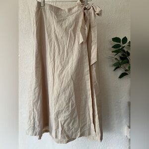 Beige Linen & Cotton Blend Faux Wrap Midi Skirt